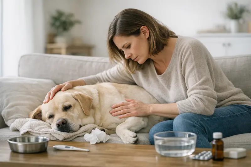 Anzeichen für Magen-Darm-Probleme beim Hund Ein Hund zeigt Anzeichen von Magen-Darm-Problemen, was auf einen bevorstehenden Tierarztbesuch hinweist.