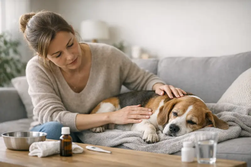 Warnzeichen bei Magen-Darm-Problemen bei Haustieren Ein Hund mit Bauchschmerzen, der Anzeichen von Magen-Darm-Problemen zeigt.