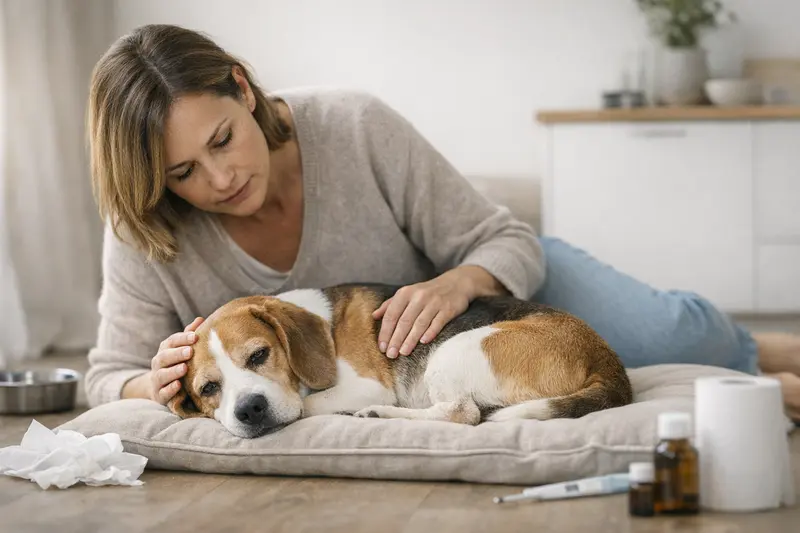 Warnzeichen bei Magen-Darm-Problemen bei Tieren Ein Hund liegt mit einer vorblähte Bauchlage im Vordergrund, während der Tierhalter besorgt schaut.