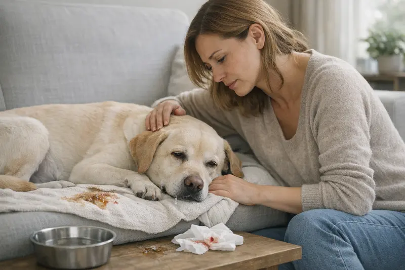 Warnzeichen bei Magen-Darm-Problemen Hund und Katze mit Anzeichen von Magen-Darm-Problemen, die tierärztlich untersucht werden sollten.