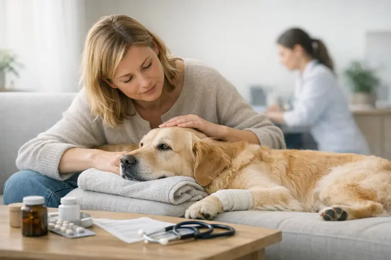 Tierarztberatung zur Versicherung bei akuten Beschwerden Eine besorgte Hundehalterin, die sich mit einem Tierarzt über die besten Versicherungen bei akuten Beschwerden berät.