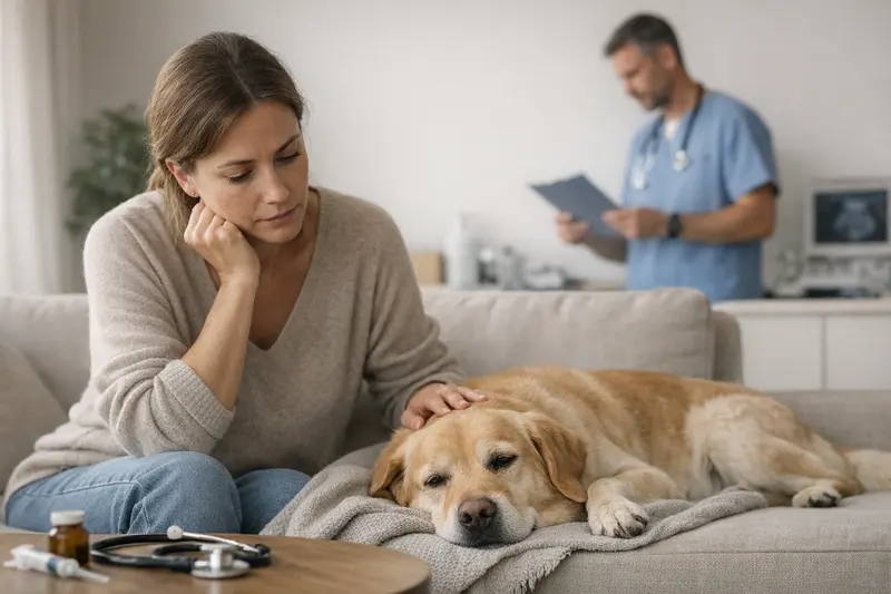 Tierarztversicherung bei akuten Beschwerden Hundehalter beim Gespräch mit einem Tierarzt über die Versicherung für akute Beschwerden.