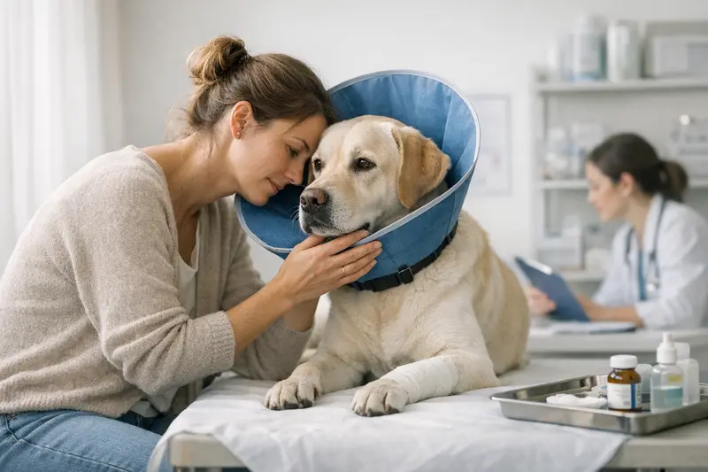 Ein Hund beim Besuch des Tierarztes zur Beratung über Kastration und Kostenübernahme durch eine Versicherung.
