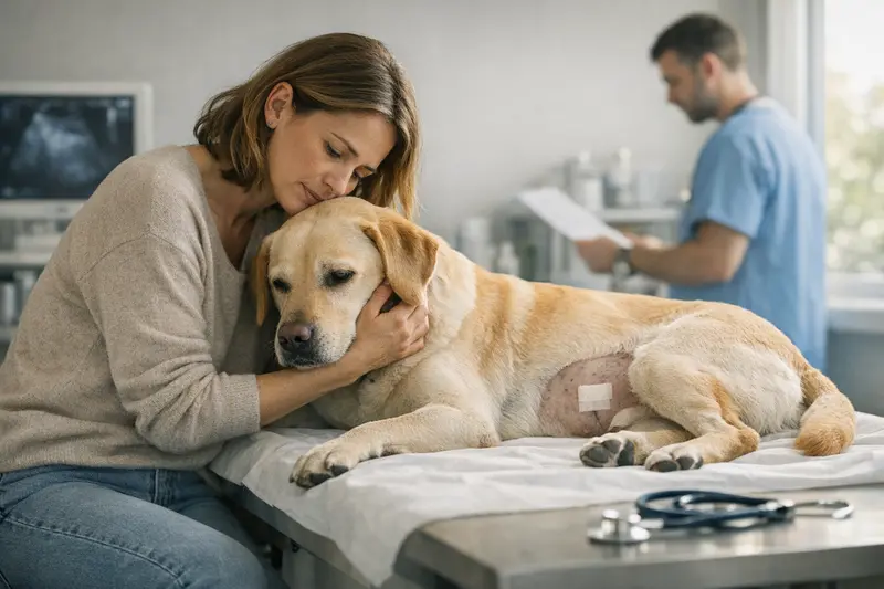 Kastration Hund Kosten Zwei Hunde im Tierarztzimmer, während einem Hund eine Kastration erklärt wird.