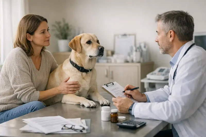 Vorab-Check beim Tierarzt für Hunde Tierarzt führt einen Vorab-Check bei einem Hund durch, um organisatorische Fragen vor dem Eingriff zu klären.