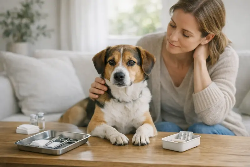 Kostenvergleich OP und Hormonimplantat bei Hunden Ein Hund beim Tierarzt, der über die Kosten für OP und Hormonimplantate informiert wird.