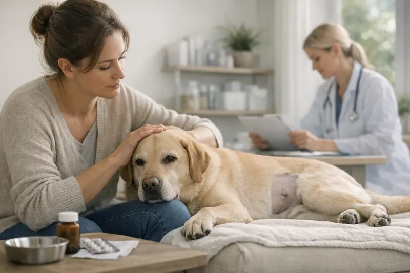 Tierarztuntersuchung vor einer Operation bei Hunden Tierarzt untersucht einen Hund vor einer Operation, während Informationen zu OP-Schutz und Voruntersuchungen bereitgestellt werden.