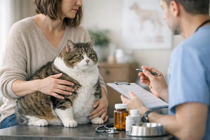 Kastrierte Katze mit Übergewicht beim Tierarzt zur Gesundheitskontrolle