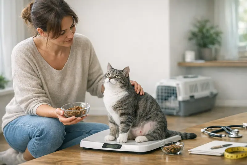 Kastration und Kalorienbedarf bei Katzen Eine kastrierte Katze liegt entspannt auf einem Kissen und genießt die Ruhe nach ihrer Operation, während ihre Tierhalter auf ihre Ernährung achten.