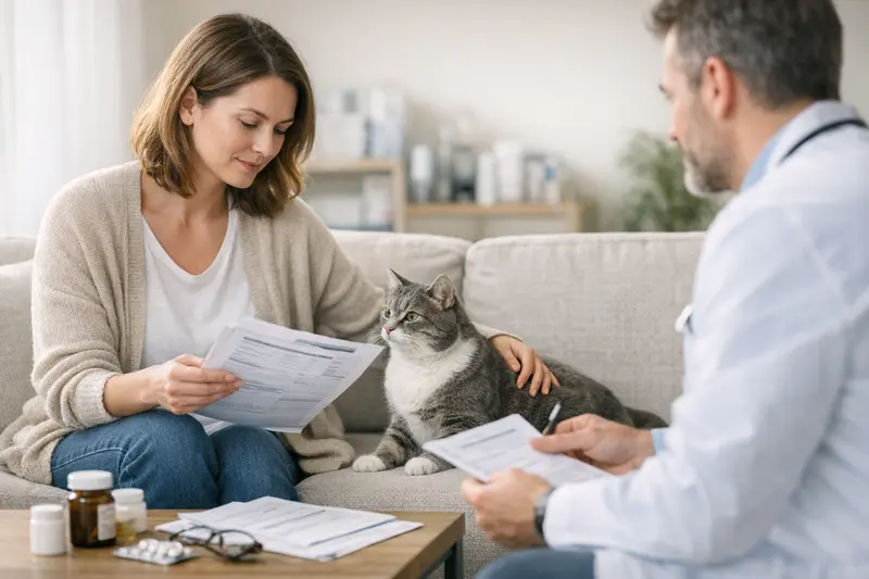 Eine Katze wird beim Tierarzt untersucht, um ihre Gesundheit zu sichern und die optimalen Versicherungstarife zu vergleichen.