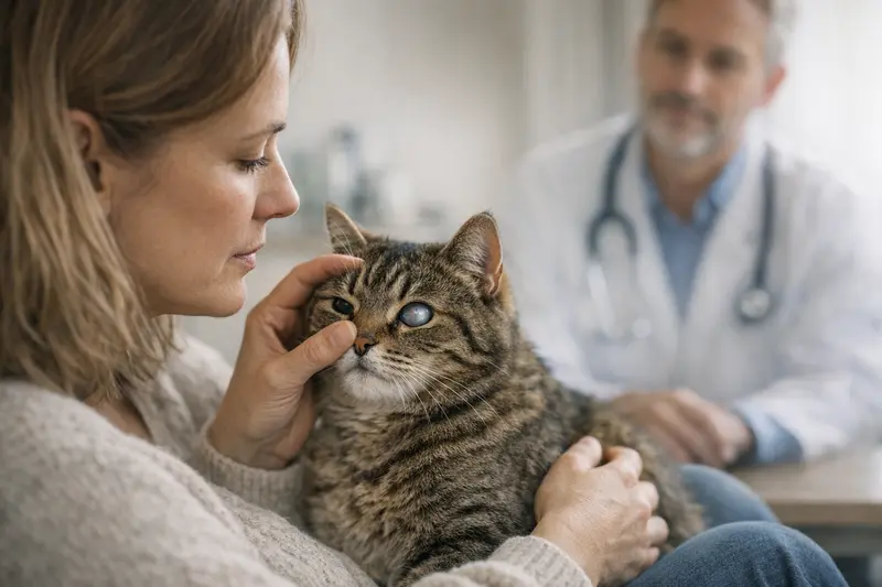 Trübung im Katzenauge und Katarakt Eine Katze mit einem trüben Auge, das auf mögliche Gesundheitsthemen hinweist.