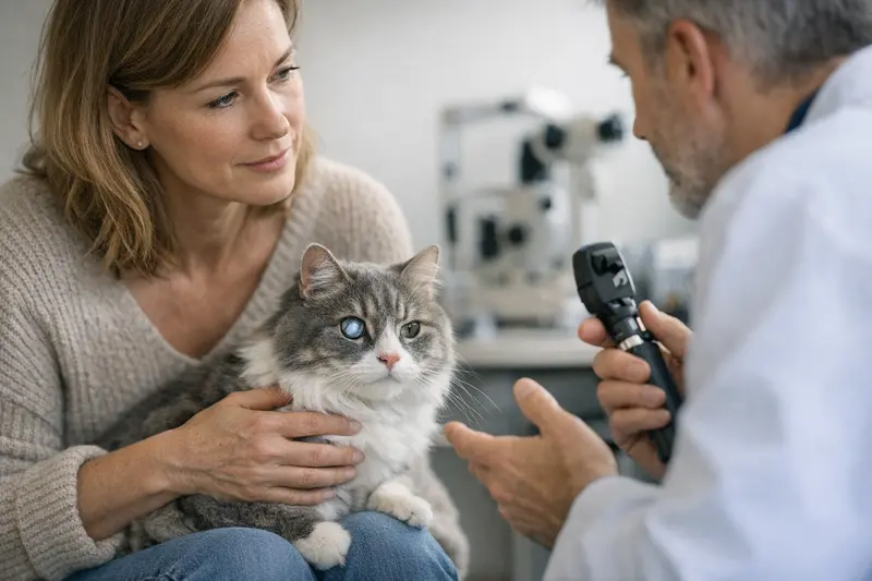 Kataraktuntersuchung bei Katzen Tierarzt untersucht die Augen einer Katze auf Katarakt.