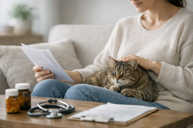 Eine besorgte Katzenhalterin im Gespräch mit einem Tierarzt über Vorerkrankungen und Wartezeiten bei der Versicherung.