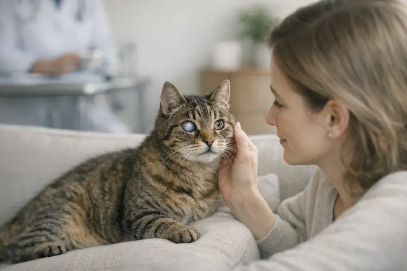 Tierarztuntersuchung bei Katarakt Eine Katze wird von einem Tierarzt auf Katarakt untersucht.