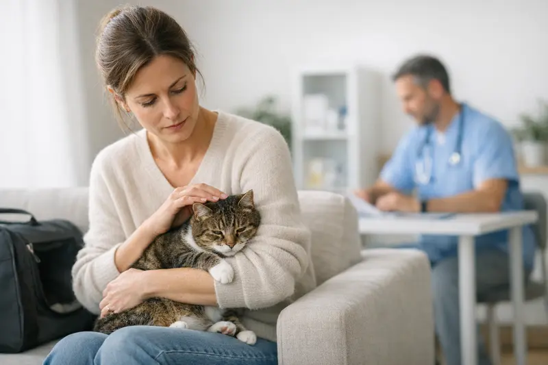 Tierarztbesuch bei Auffälligkeiten der Katze Eine Katze sitzt aufmerksam auf einem Tisch beim Tierarzt und zeigt Anzeichen von Unwohlsein.