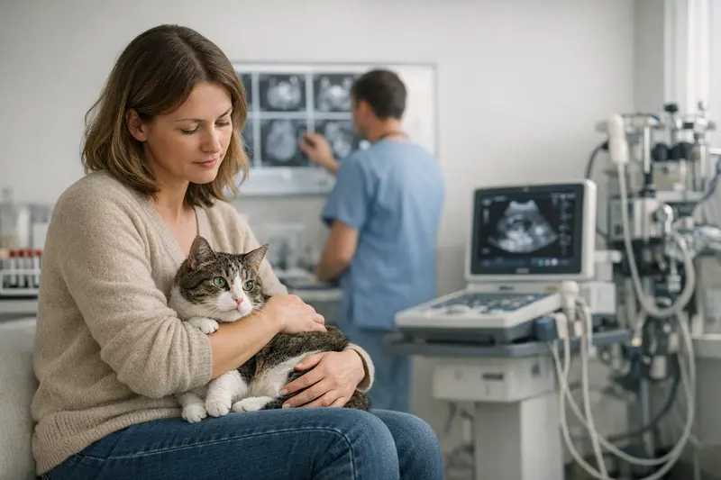 Diagnostik bei Katzen – Kosten und Untersuchungen Tierarzt bei der Diagnostik einer Katze, um die Kosten für Untersuchungen zu bestimmen.