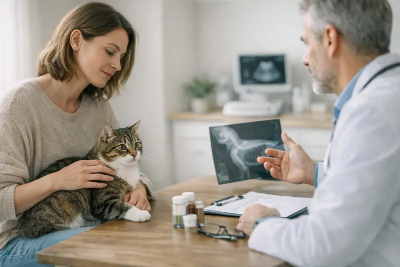 Katzenversicherung und Wartezeiten Eine Katze beim Tierarzt, die auf eine Untersuchung wartet, um Vorerkrankungen auszuschließen.