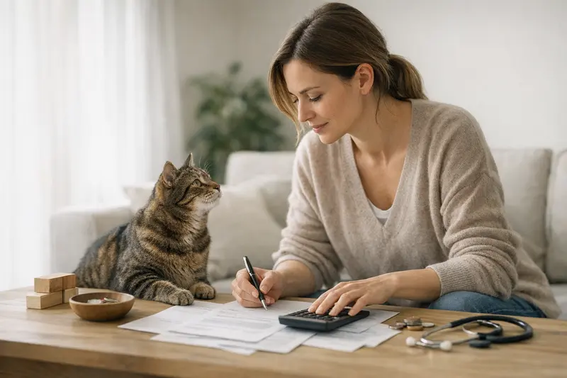Tarifvergleich Katzenversicherung Ein Katzenbesitzer vergleicht verschiedene Versicherungstarife für seine Katze, während er Notizen macht.