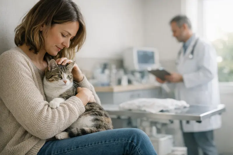 Eine Katze mit einem Tierarzt, die untersucht wird, um die Bedeutung einer Katzenversicherung zu verdeutlichen.