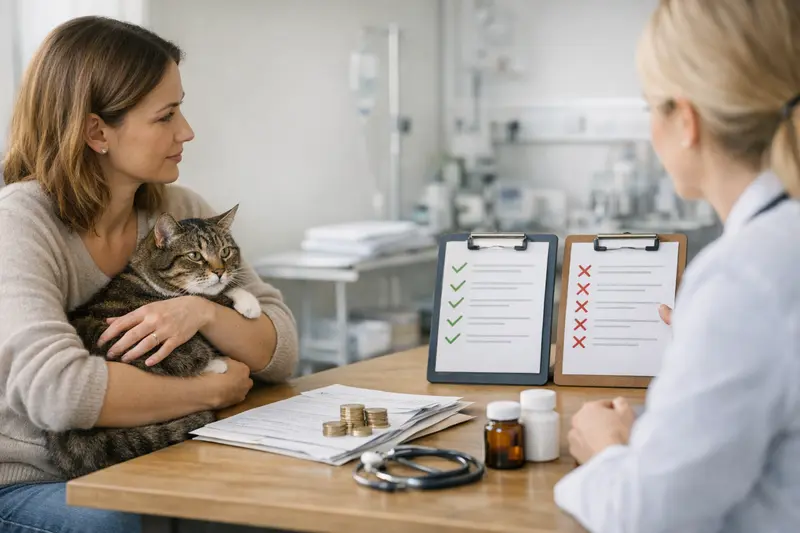 Katzenhalter informiert sich über Versicherungstarife für seine Katze.