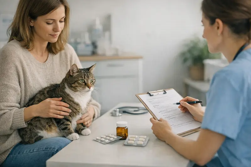 Katzengesundheit und Versicherung prüfen Eine Katze wird von einem Tierarzt untersucht, um wichtige Versicherungsaspekte zu klären.