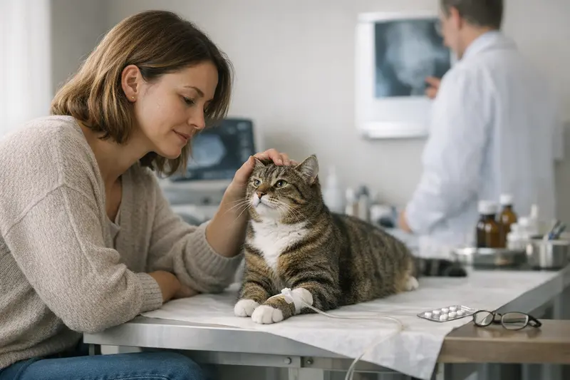 Tierarztbesuch bei einer Katze Eine Katze sitzt auf einem Tierarzt-Tisch und wird untersucht, um die Wichtigkeit einer Absicherung bei hohen Tierarztkosten zu verdeutlichen.