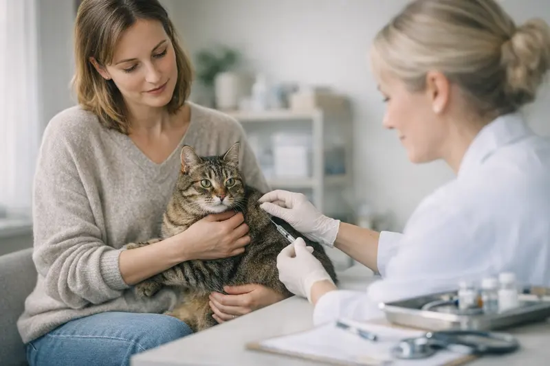 Katzenversicherung und Impfungen Eine Katze beim Tierarzt, die für Impfungen vorbereitet wird.