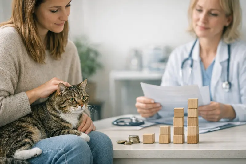 Eine Katze wird von einem Tierarzt untersucht, während der Halter Fragen zur Katzenversicherung stellt.