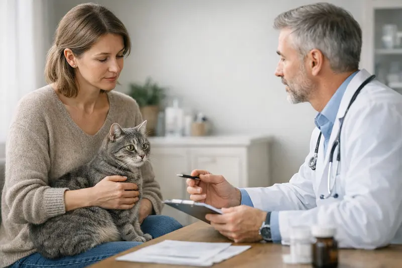 Kater mit Tierarzt, der die Gesundheitsakte prüft, um Vorerkrankungen zu berücksichtigen