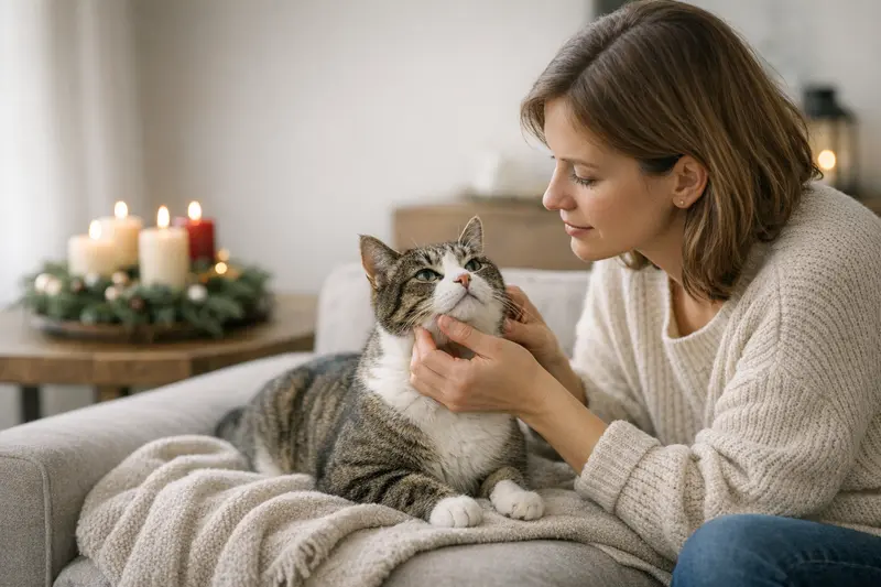 Eine glückliche Katze sitzt unter einem Weihnachtsbaum und schaut fasziniert auf die Dekoration.
