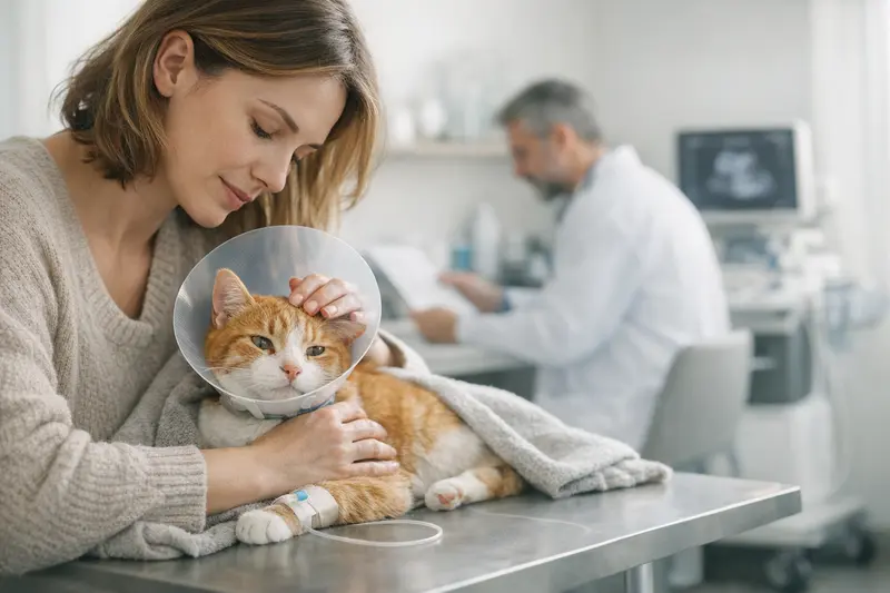 Eine Katze sitzt entspannt in einer Tierarztpraxis, während die Tierärztin sie untersucht.