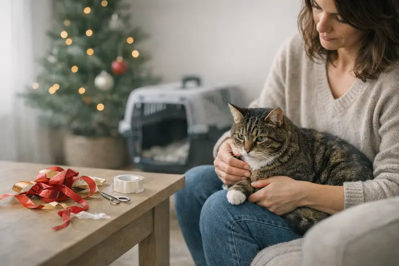 Eine Katze spielt mit Geschenkband und Klebeband, was ein Risiko für ihre Gesundheit darstellt.