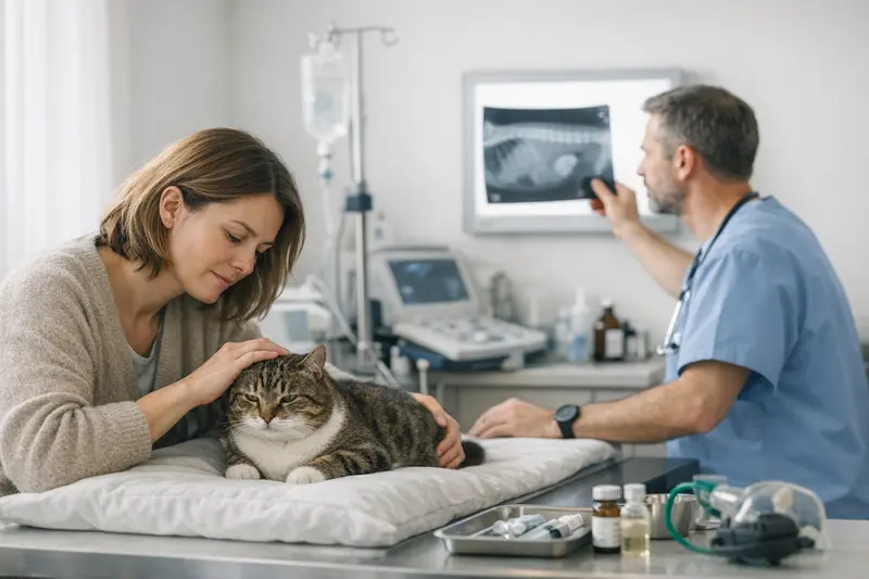 Tierarztkosten Katze Fremdkörper Verdacht Eine besorgte Katzenhalterin mit ihrer Katze beim Tierarzt, die Symptome von einem gemeinsamen Gesundheitsproblem aufzeigt.