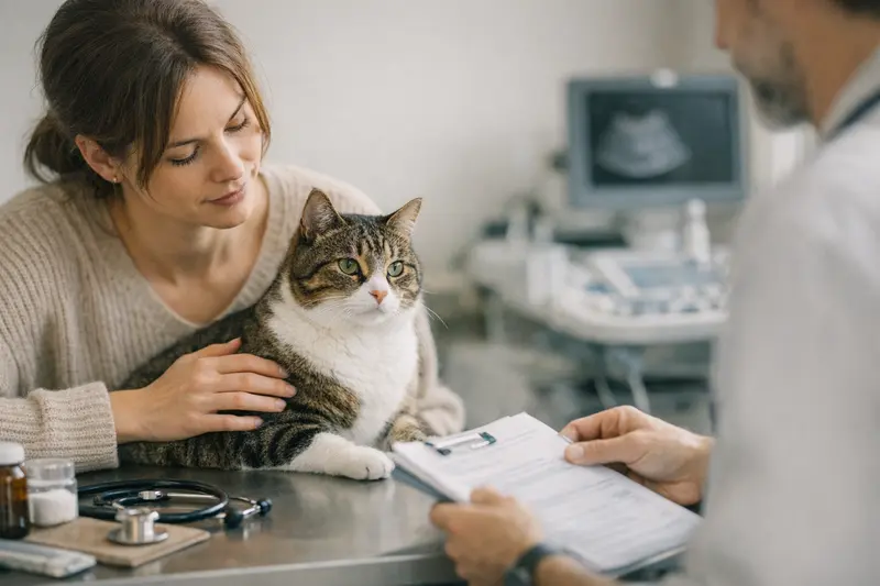 Tarifvergleich Katzenversicherung Eine Katze beim Tierarzt, die für eine Untersuchung vorbereitet wird.