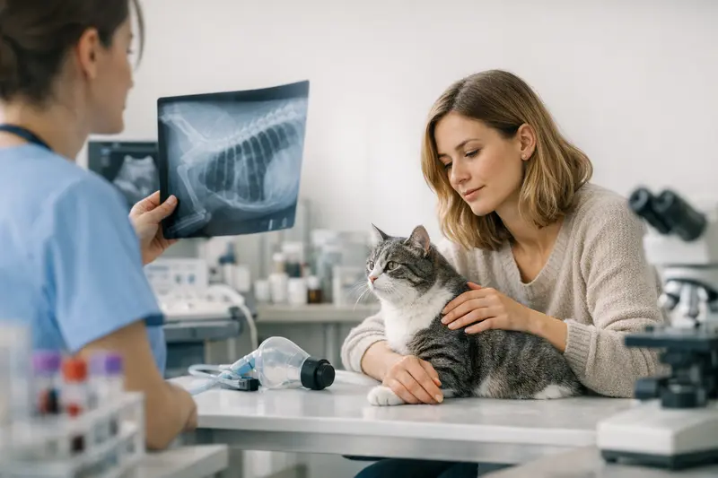 Tierarzt untersucht eine Katze wegen Atemwegsproblemen mit Röntgen und Laboruntersuchungen