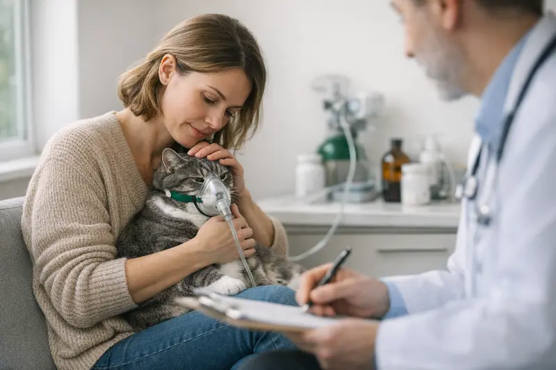 Eine Katze wird vom Tierarzt aufgrund wiederkehrender Atemwegserkrankungen untersucht, was die Wichtigkeit einer passenden Versicherung zeigt.