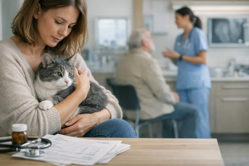 Ein Tierarzt untersucht eine Katze, während die Kosten für Behandlung und Selbstbeteiligung thematisiert werden.