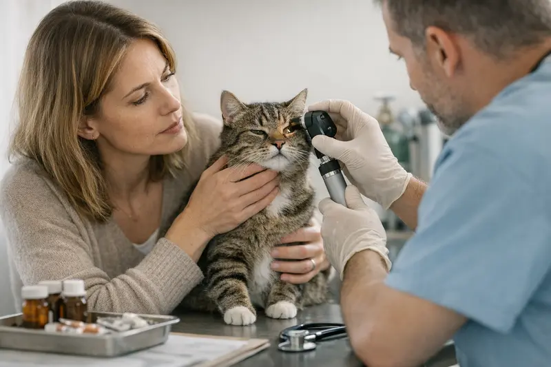 Tierarztuntersuchung bei einer Katze mit Atemwegs- und Augensymptomen zur Klärung der Versicherungsdeckung.