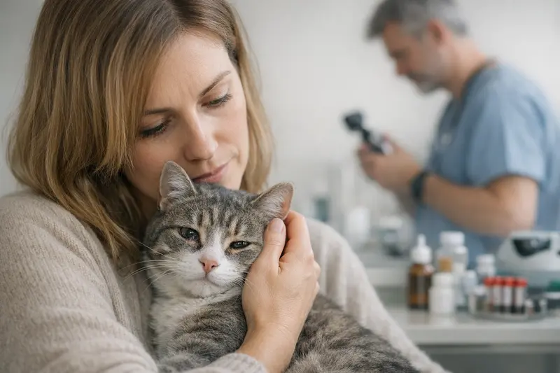 Tierarztuntersuchung einer Katze mit Atemwegs- und Augensymptomen zur Klärung der Behandlungskosten.