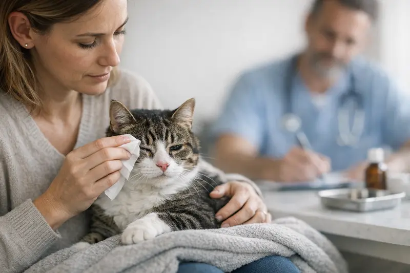 Eine Katze mit tränenden Augen, die Niesen zeigt, was auf gesundheitliche Probleme hinweisen kann.