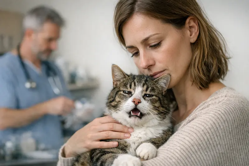 Eine Katze mit Niesen und tränenden Augen wartet beim Tierarzt auf eine Untersuchung.
