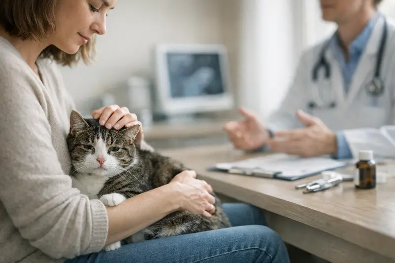 Tierarztbesuch bei Atemwegsproblemen einer Katze Eine Katze beim Tierarzt zur Untersuchung, um mögliche Atemwegs- und Augensymptome abklären zu lassen.