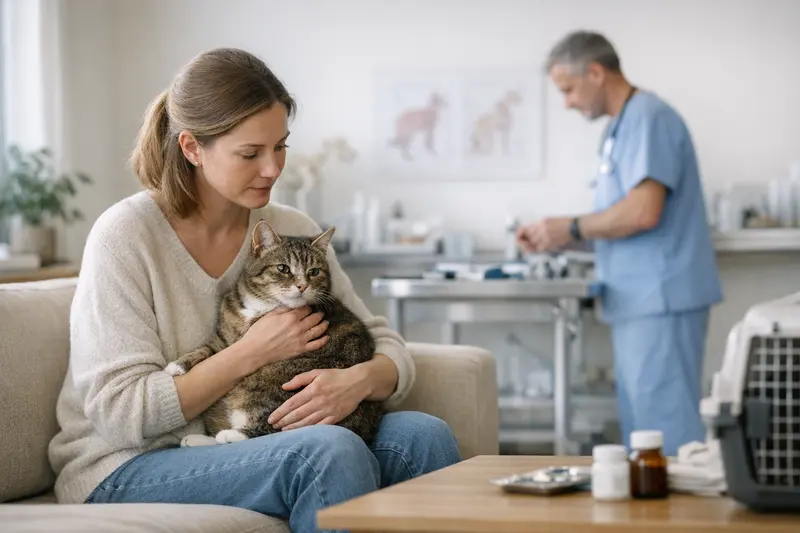 Tierarztuntersuchung einer Katze Eine Katze wird von einem Tierarzt untersucht, um passende Behandlungen zu finden.