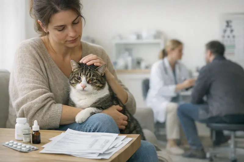 Tierarztuntersuchung bei symptomatischer Katze Eine Katze wird beim Tierarzt untersucht, um Atemwegs- und Augensymptome abzuklären.