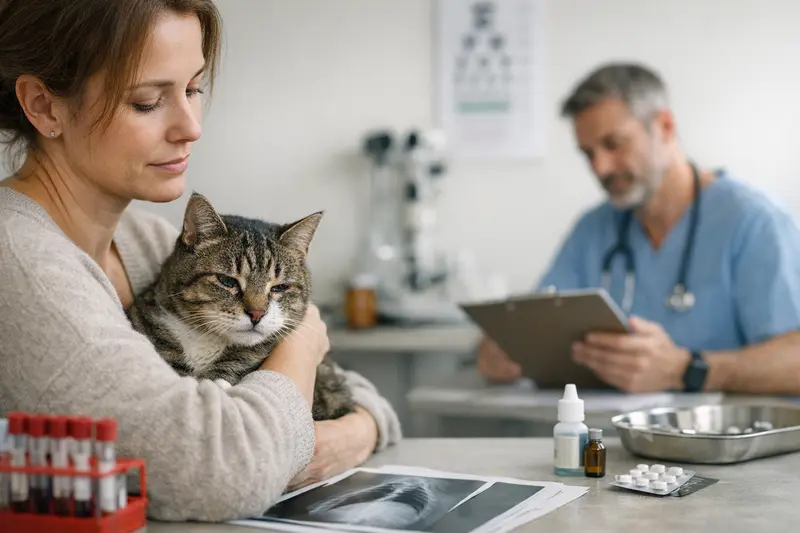 Tierarztkosten bei Atemwegs- und Augensymptomen bei Katzen Tierarzt untersucht eine Katze mit Atemwegs- und Augensymptomen, während die Kosten für die Behandlung auf einer Rechnung sichtbar sind.