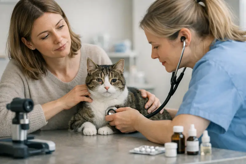 Wichtige Tarifdetails für Katzenkrankenversicherungen Katzenbesitzerin, die über die Tarifdetails einer Katzenkrankenversicherung nachdenkt.