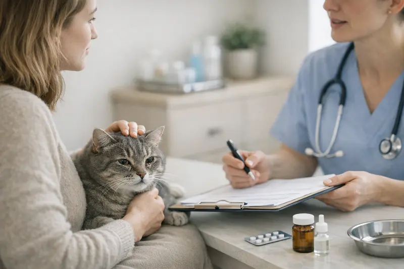 Wichtige Tarifdetails für Katzenkrankenversicherung Eine Katze beim Tierarzt, um ihre Symptome abklären zu lassen.
