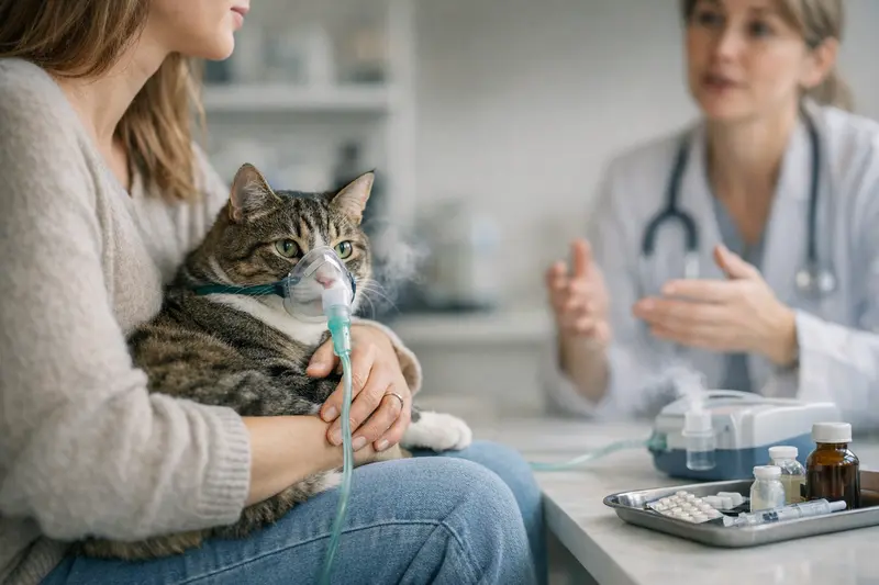 Eine Katze liegt auf einem Untersuchungsstuhl beim Tierarzt für eine Atemwegsuntersuchung.