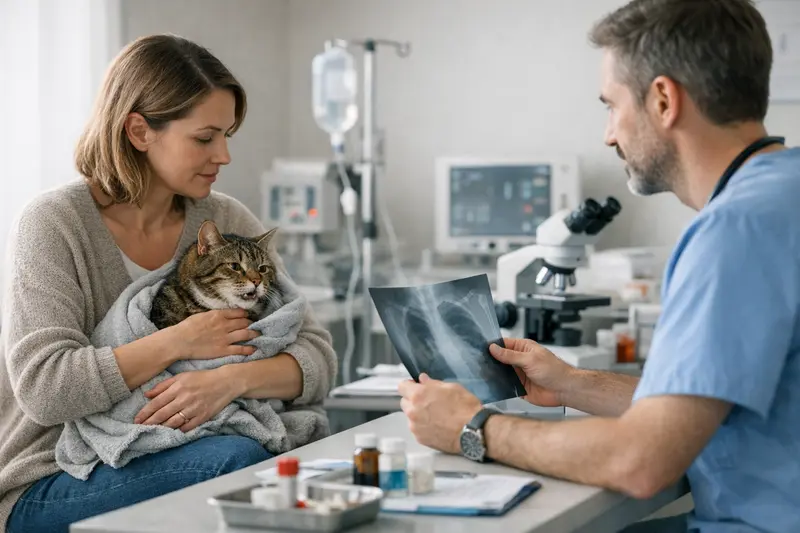 Tierärztliche Untersuchung einer Katze mit Atemwegssymptomen Eine Katze beim Tierarzt, die auf Atemwegserkrankungen untersucht wird.