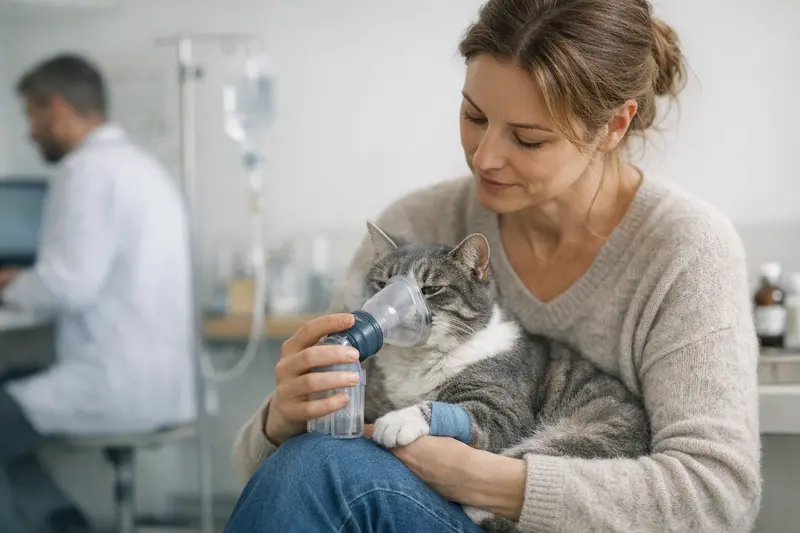 Veterinär untersucht eine Katze mit Atemwegserkrankung.